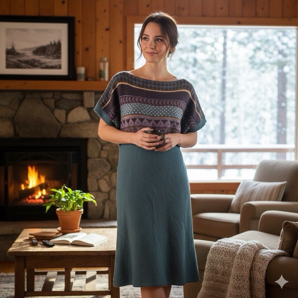 Jeans West Vintage Knit Sweater Dress Western Pattern Short‎ Sleeve